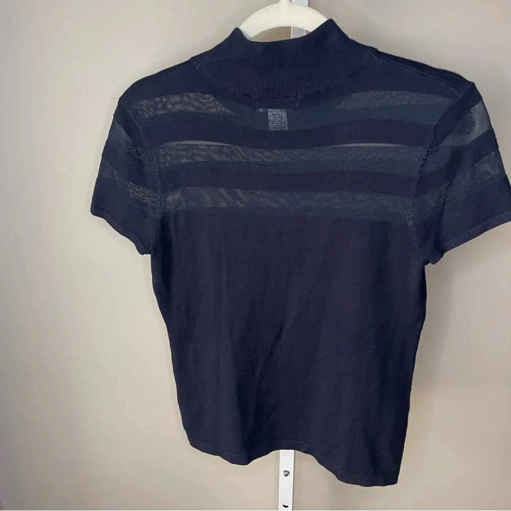 Carmen Marc Valvo Navy Sheer Stripe Mock Neck Top Size M - Picture 4 of 4
